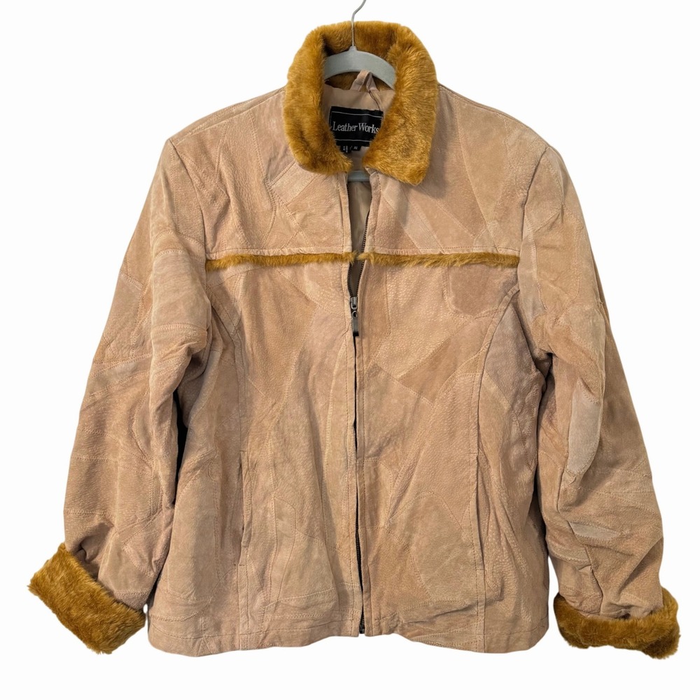 LeatherWorks Womens‎ XL Suede Patchwork Jacket Faux Fur Collar Trim Tan Coat Y2K